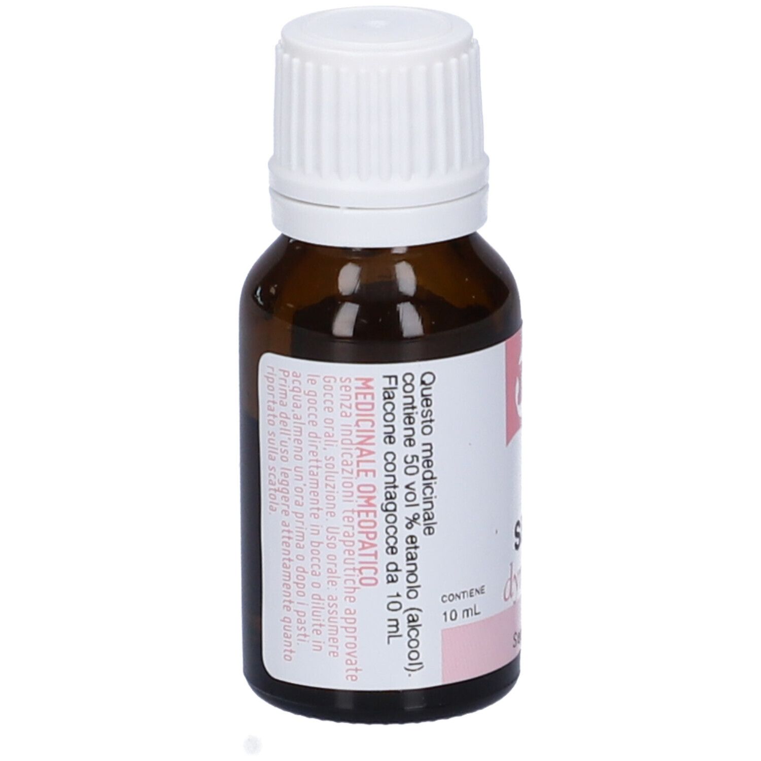 Flacone in vetro marrone con tappo bianco. Etichetta con testo e codice QR.