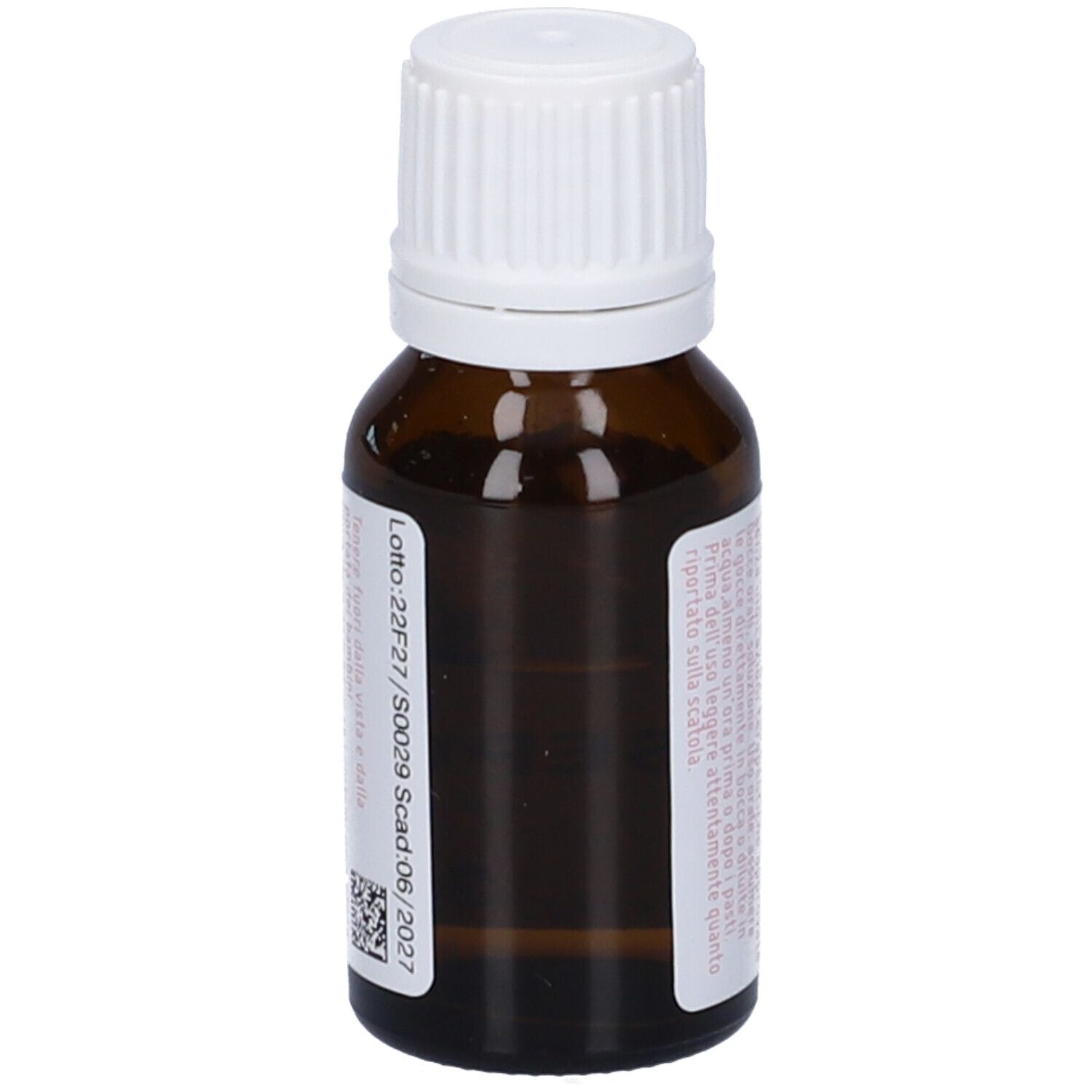 Flacone in vetro marrone con tappo bianco. Etichetta con testo e codice QR.