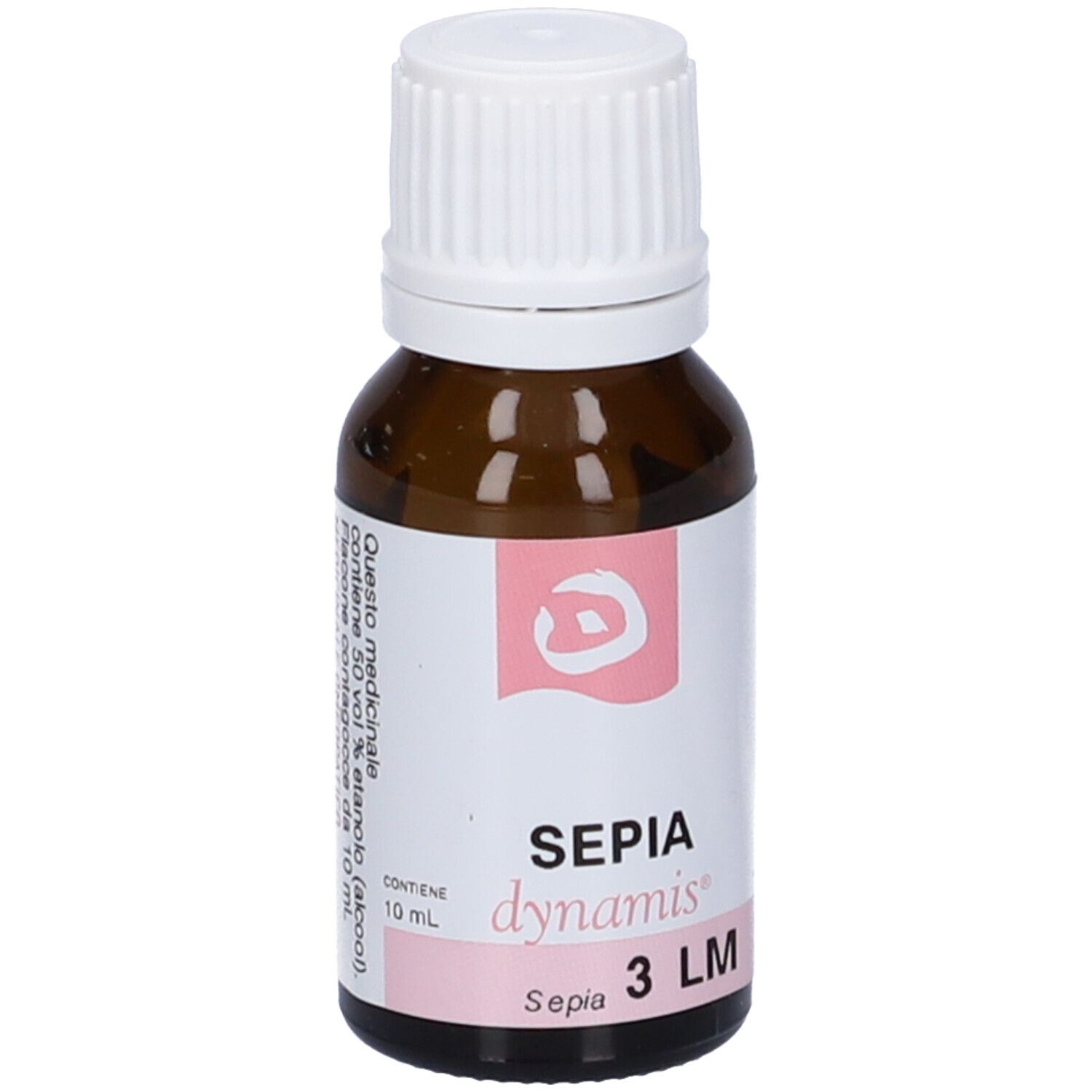 Flacone in vetro marrone con tappo bianco. Etichetta: SEPIA dynamis 3 LM.