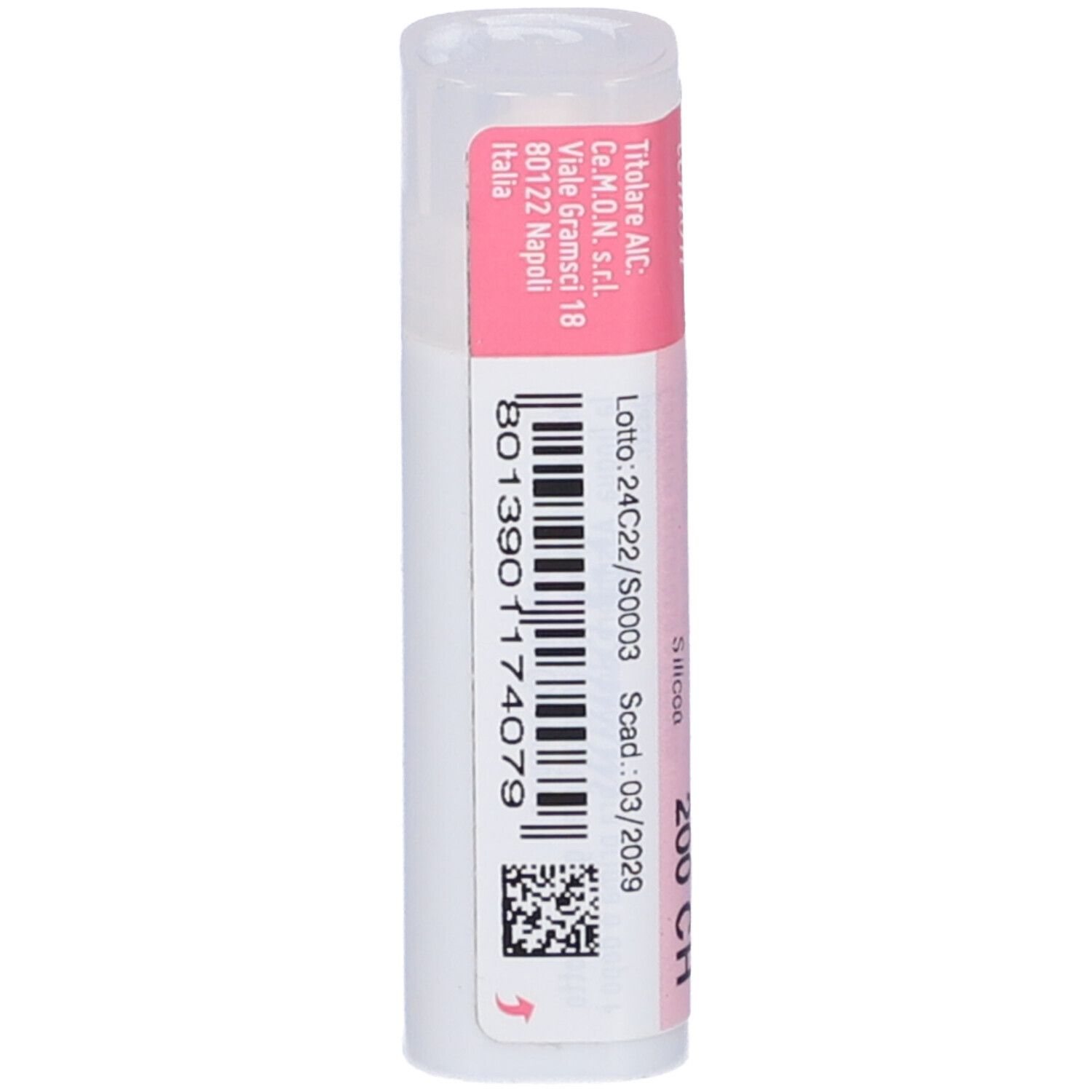 Retro confezione cilindrica. Scritto: numero di lotto, scadenza, codice a barre. Silicea 200 CH.