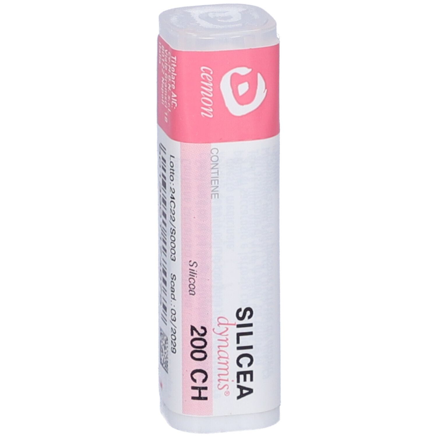 Confezione cilindrica con fascia rosa. Scritto: Cemon, Silicea 200 CH. Contiene granuli.