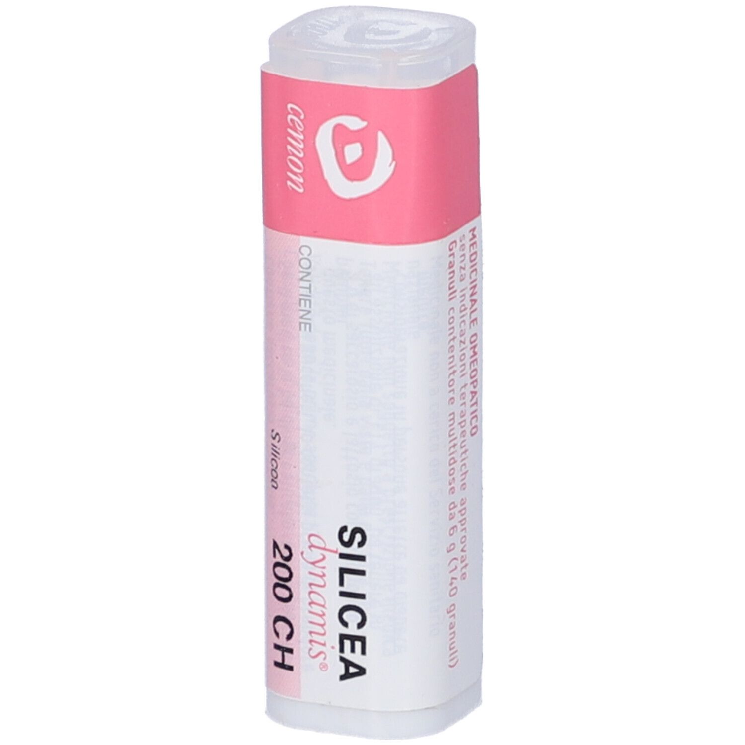 Confezione cilindrica con fascia rosa. Scritto: Cemon, Silicea 200 CH. Contiene granuli.