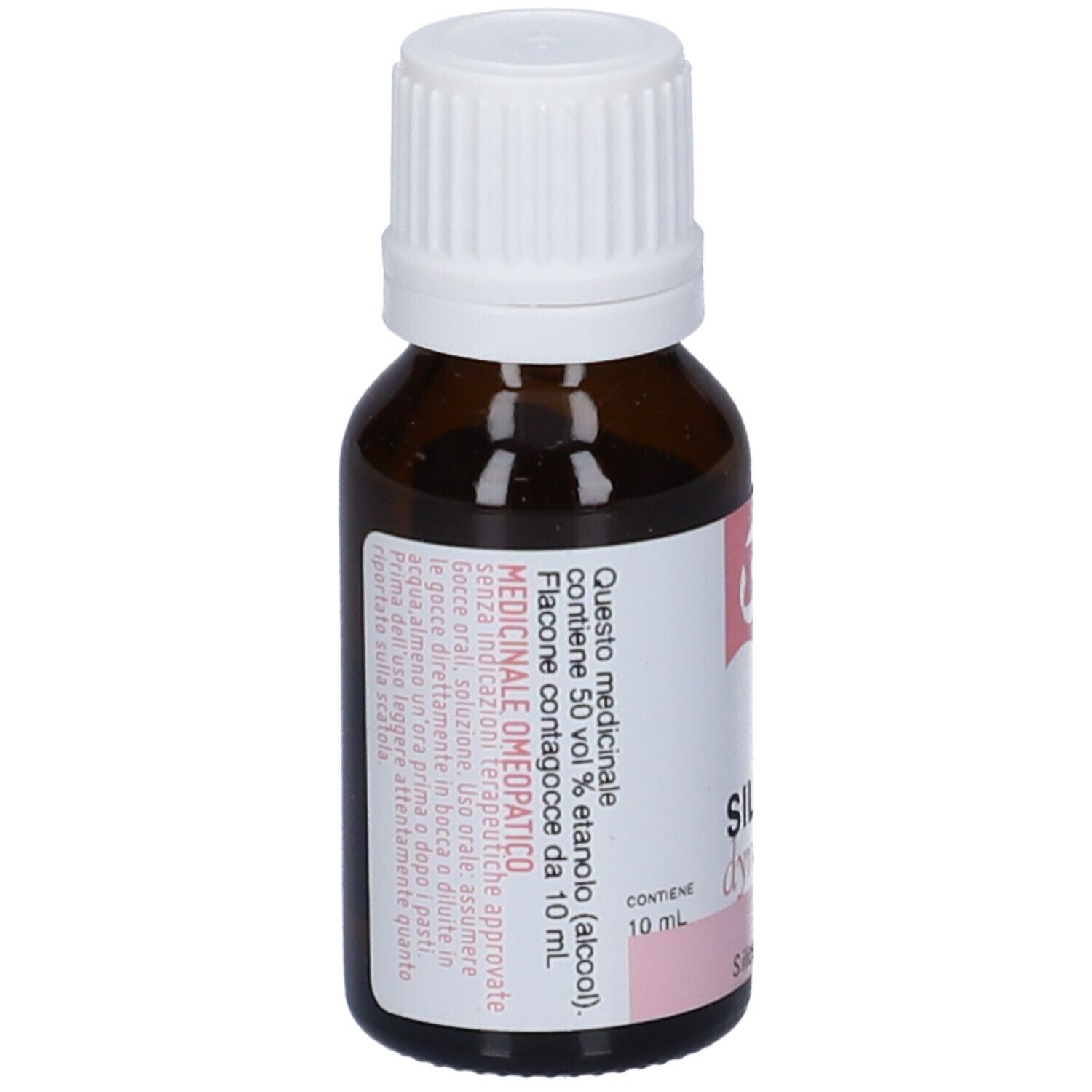 Flacone di vetro marrone con tappo bianco. Etichetta con testo e accenti rosa. Contiene 10 ml.