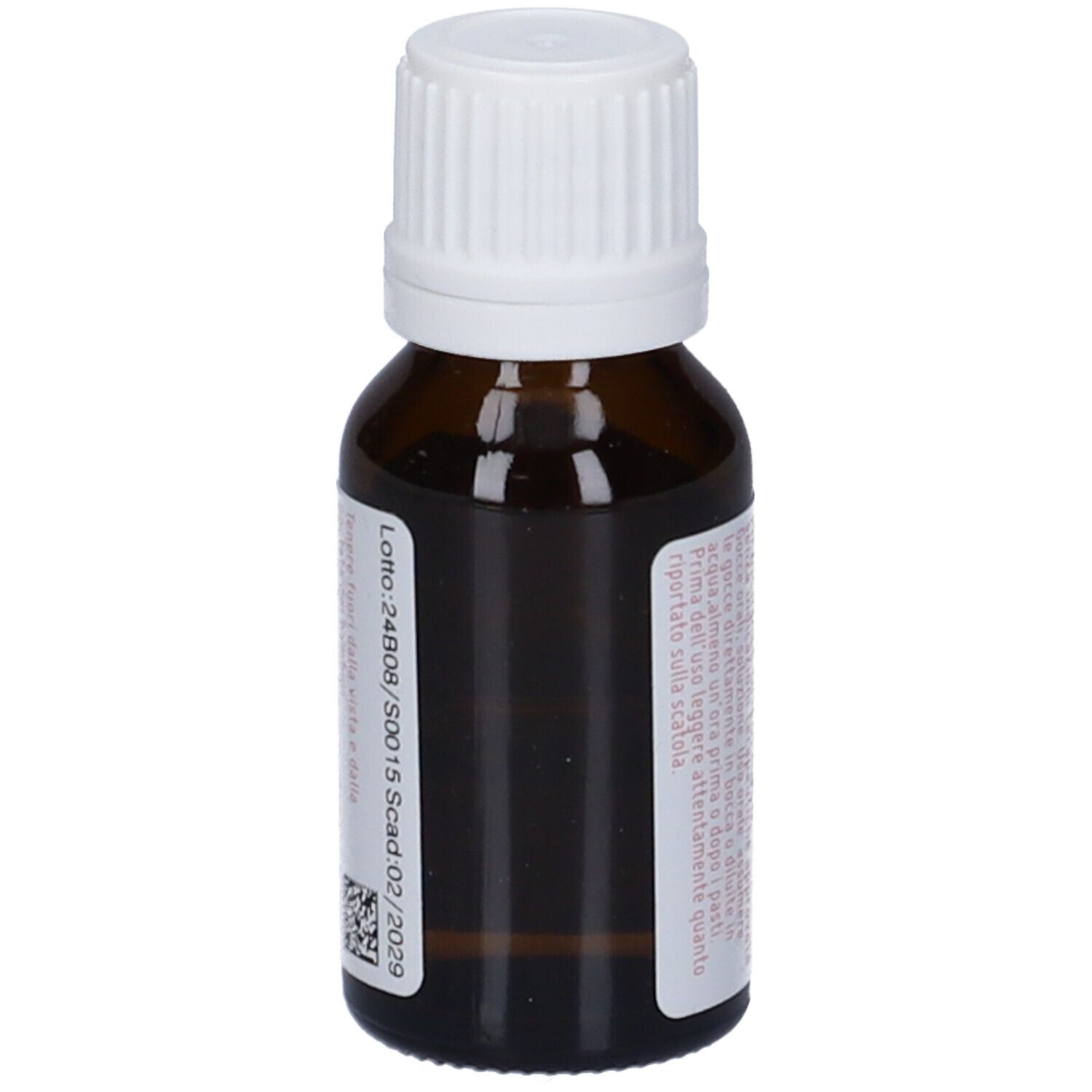 Flacone di vetro marrone con tappo bianco. Etichetta con testo e numero di lotto. Scadenza 02/2029.