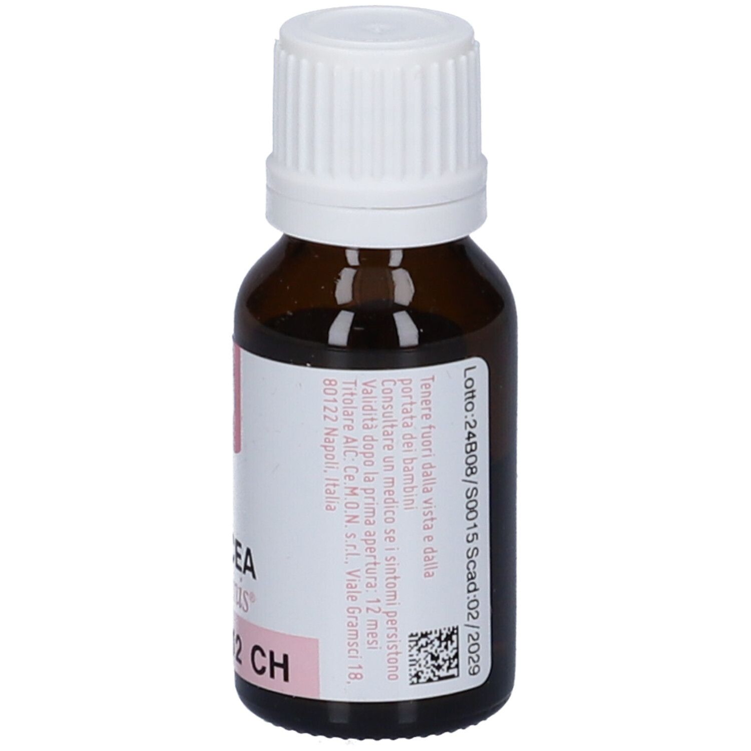 Flacone di vetro marrone con tappo bianco. Etichetta con testo, numero di lotto e scadenza 02/2023.