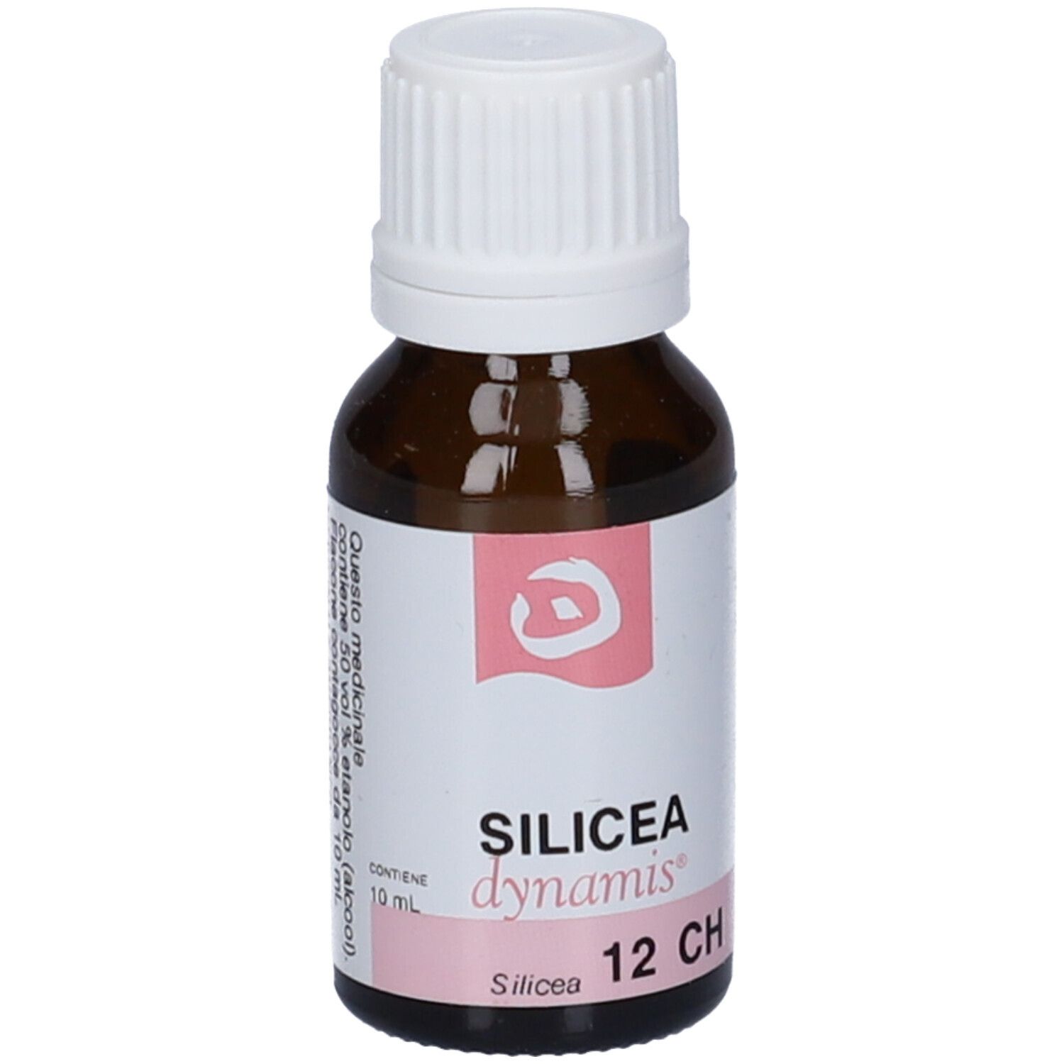 Flacone di vetro marrone con tappo bianco. Etichetta con testo e accenti rosa. Contiene 10 ml.