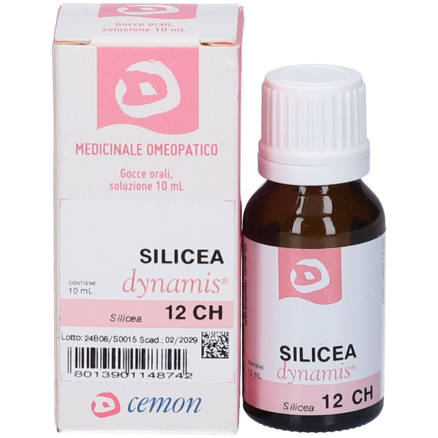 Confezione del prodotto con flacone e scatola. Flacone: vetro marrone, tappo bianco. Scatola: bianca, accenti rosa.