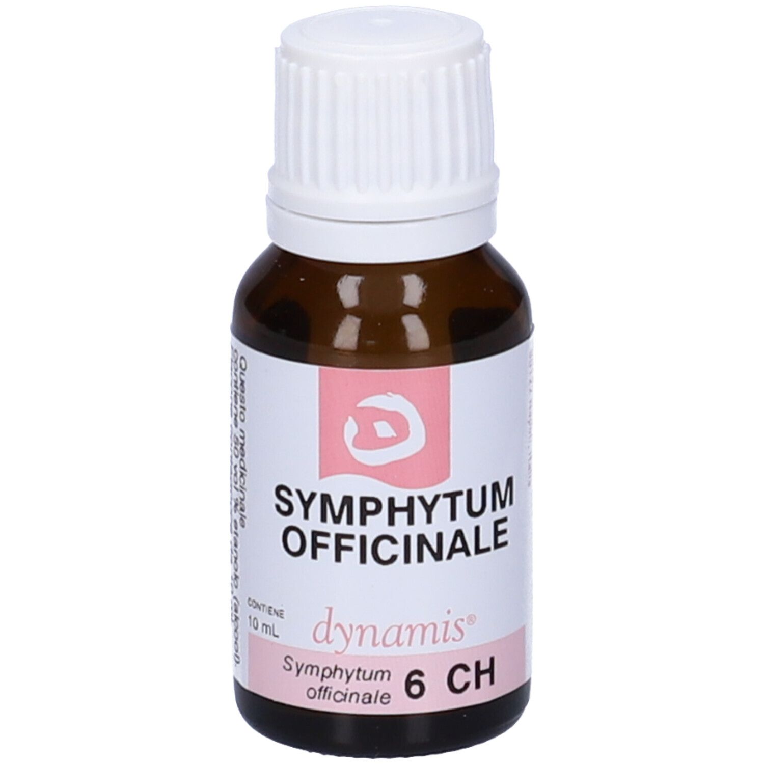 Flacone contagocce marrone con tappo bianco. Etichetta: SYMPHYTUM OFFICINALE, 6 CH, dynamis.