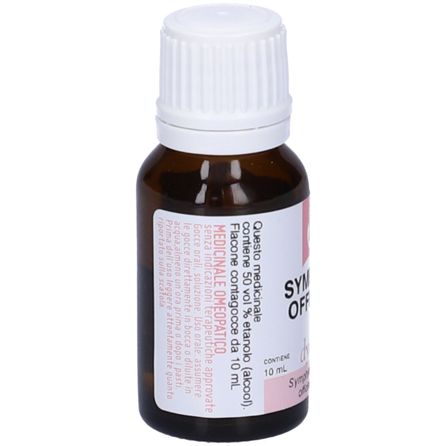 Flacone contagocce marrone con tappo bianco. Etichetta con testo e scritte: SYMPHYTUM OFFICINALE, 6 CH, dynamis.