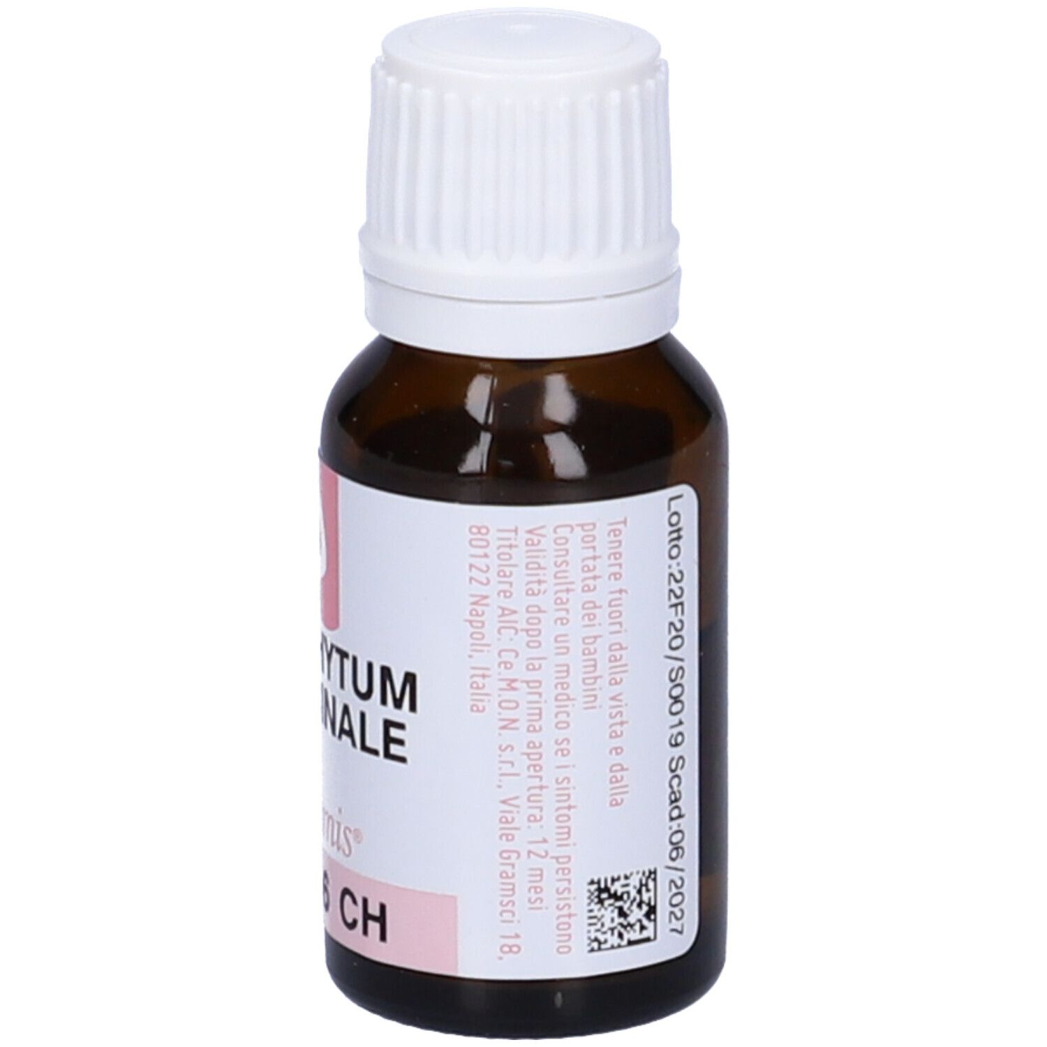 Flacone contagocce marrone con tappo bianco. Etichetta con testo e scritte: SYMPHYTUM OFFICINALE, 6 CH, dynamis.