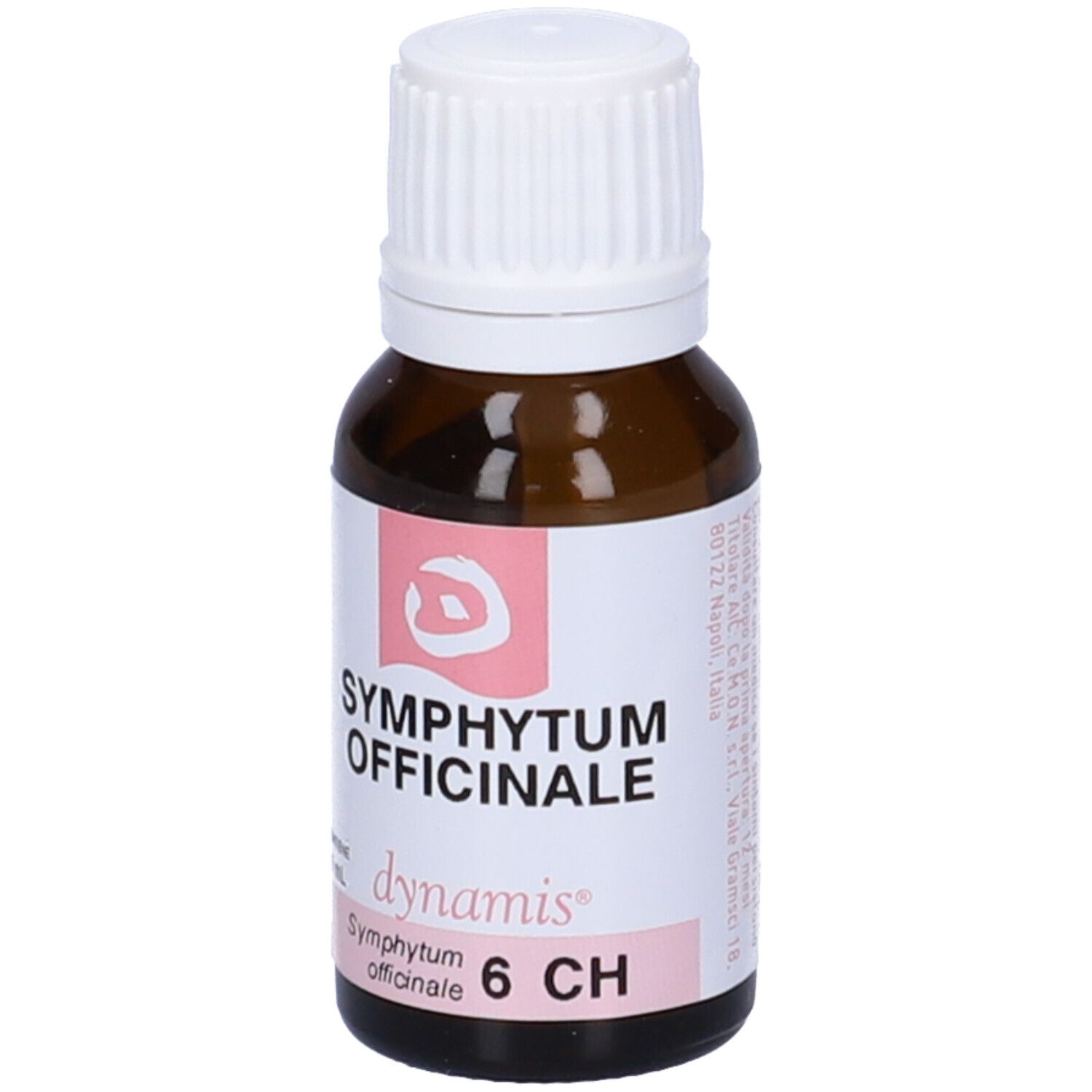 Flacone contagocce marrone con tappo bianco. Etichetta con testo e scritte: SYMPHYTUM OFFICINALE, 6 CH, dynamis.