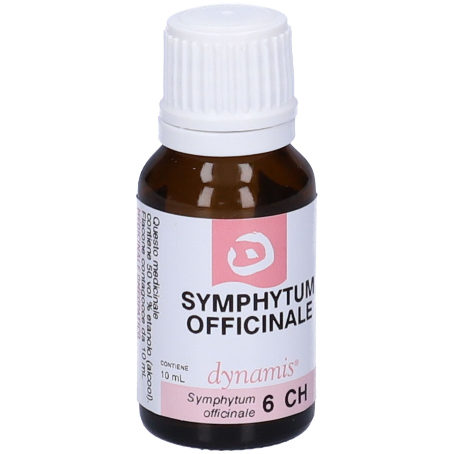 Flacone contagocce marrone con tappo bianco. Etichetta con testo e scritte: SYMPHYTUM OFFICINALE, 6 CH, dynamis.