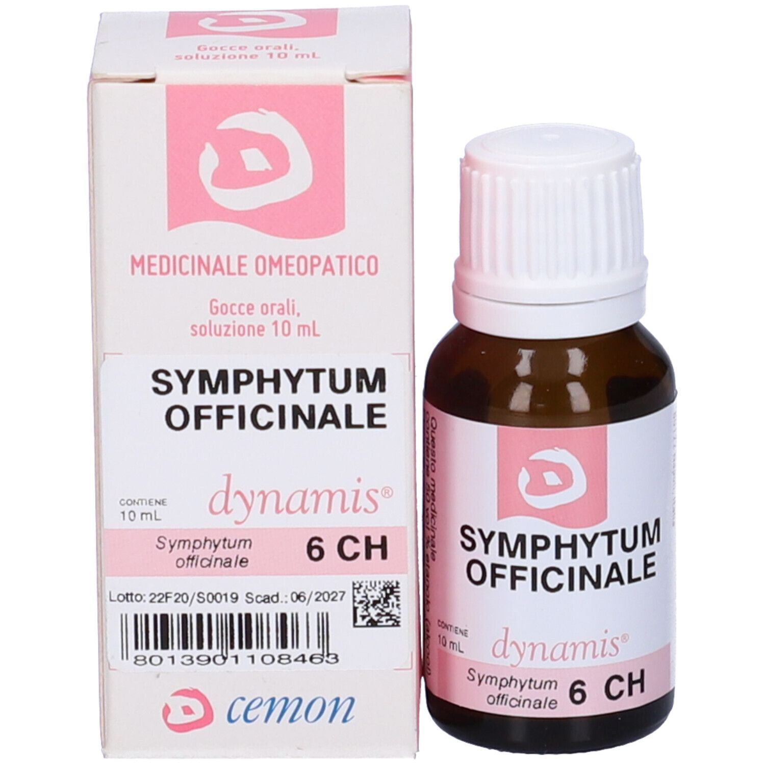 Flacone contagocce marrone e scatola. Scritte: SYMPHYTUM OFFICINALE, 6 CH, dynamis, cemon.