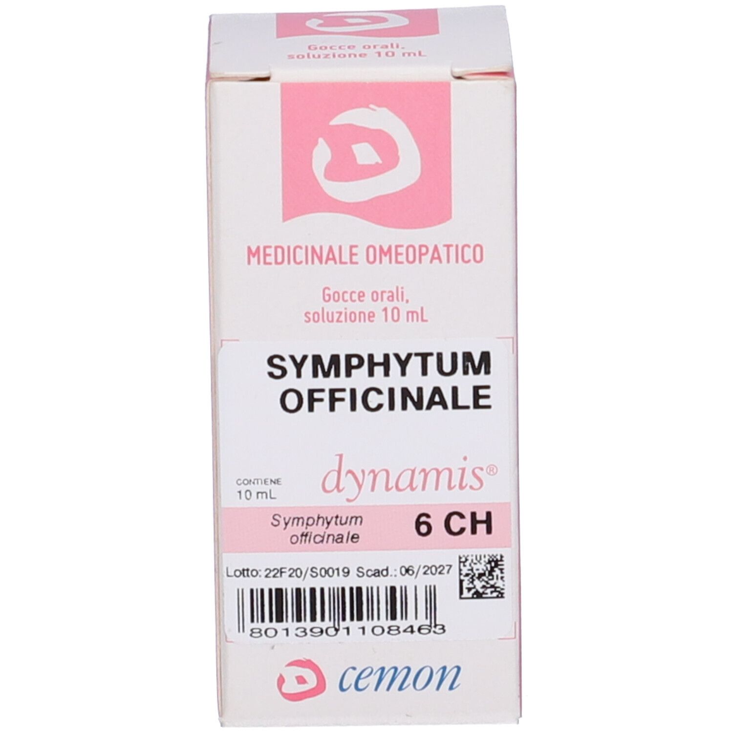 Scatola con scritte: SYMPHYTUM OFFICINALE, 6 CH, dynamis, cemon.