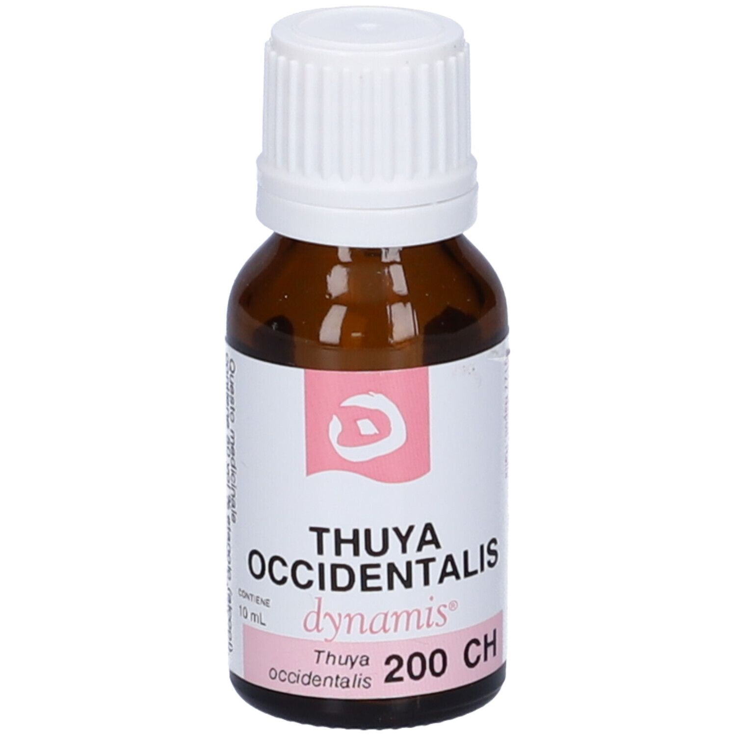 Flacone di vetro marrone con tappo bianco. Etichetta rosa con scritta: THUYA OCCIDENTALIS, dynamis, 200 CH.