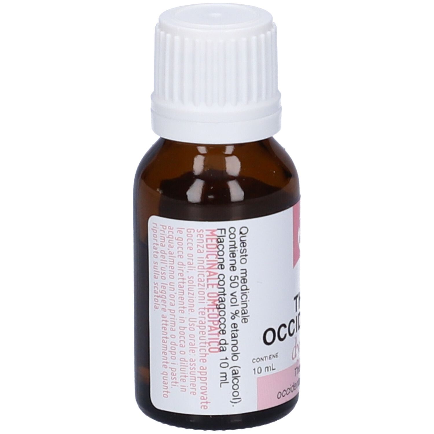 Flacone di vetro marrone con tappo bianco. Etichetta rosa con testo e scritta: THUYA OCCIDENTALIS, dynamis, 200 CH.