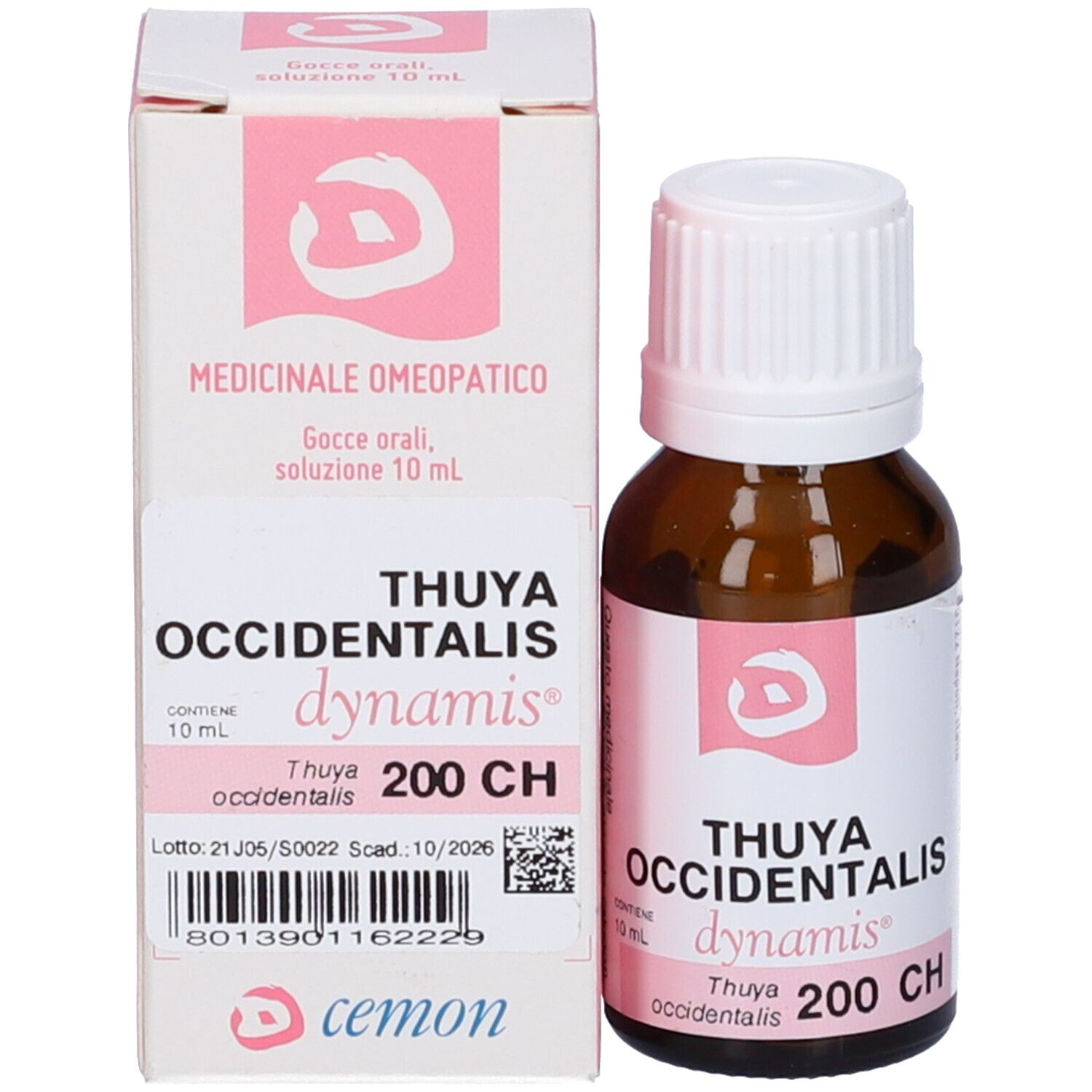 Flacone di vetro marrone e confezione. Scritta: THUYA OCCIDENTALIS, dynamis, 200 CH.  Inoltre: cemon.