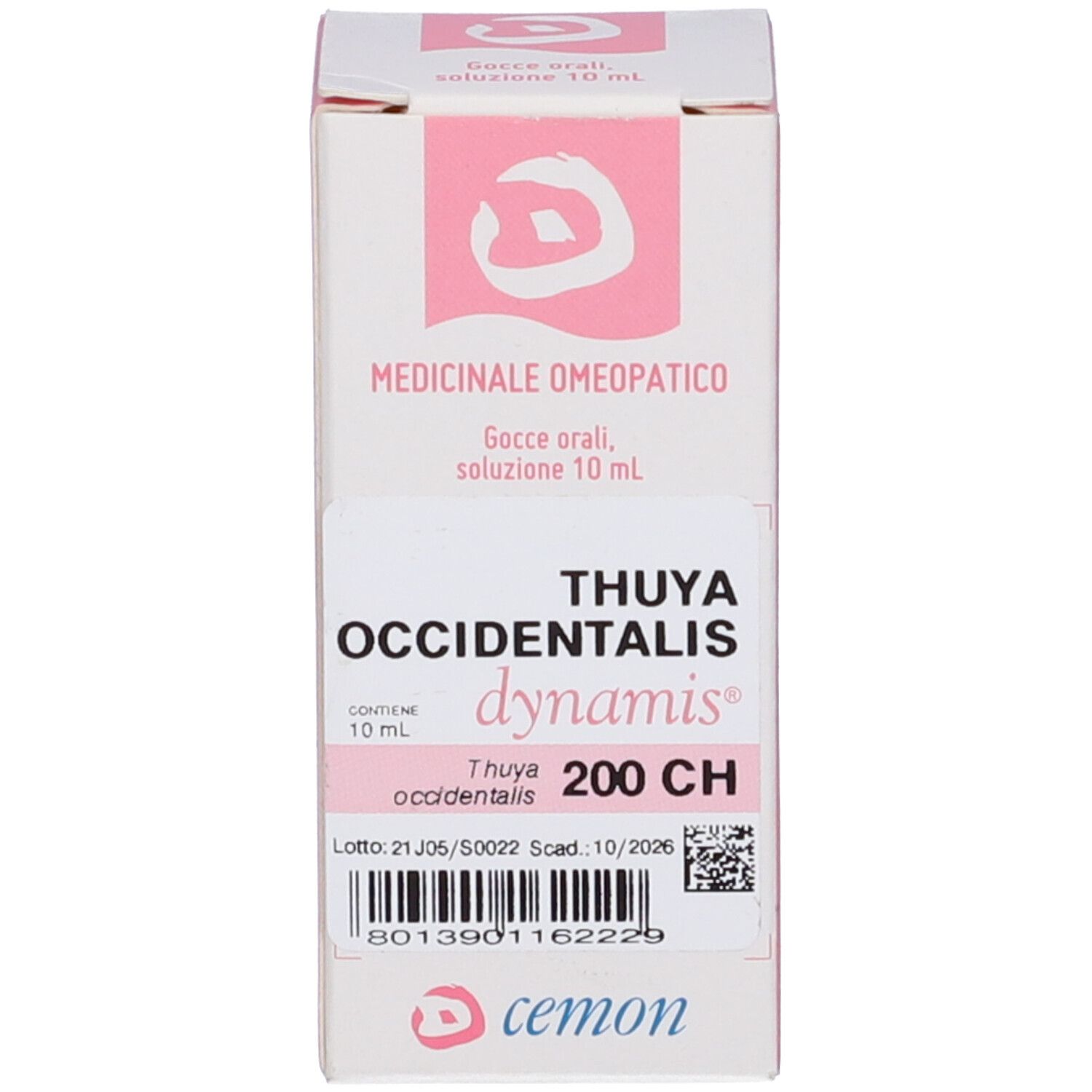 Confezione con scritta: THUYA OCCIDENTALIS, dynamis, 200 CH.  Inoltre: cemon.