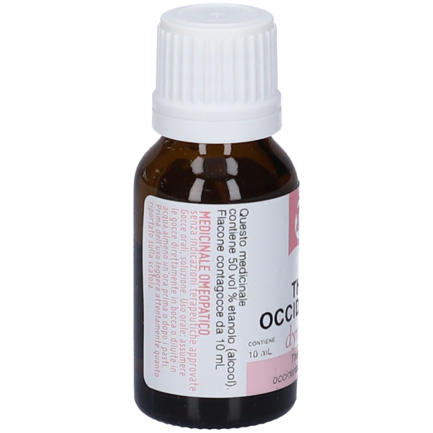 Flacone di vetro marrone con tappo a vite bianco. Etichetta con informazioni sul prodotto. Testo: Thuya occidentalis, 10 ml.