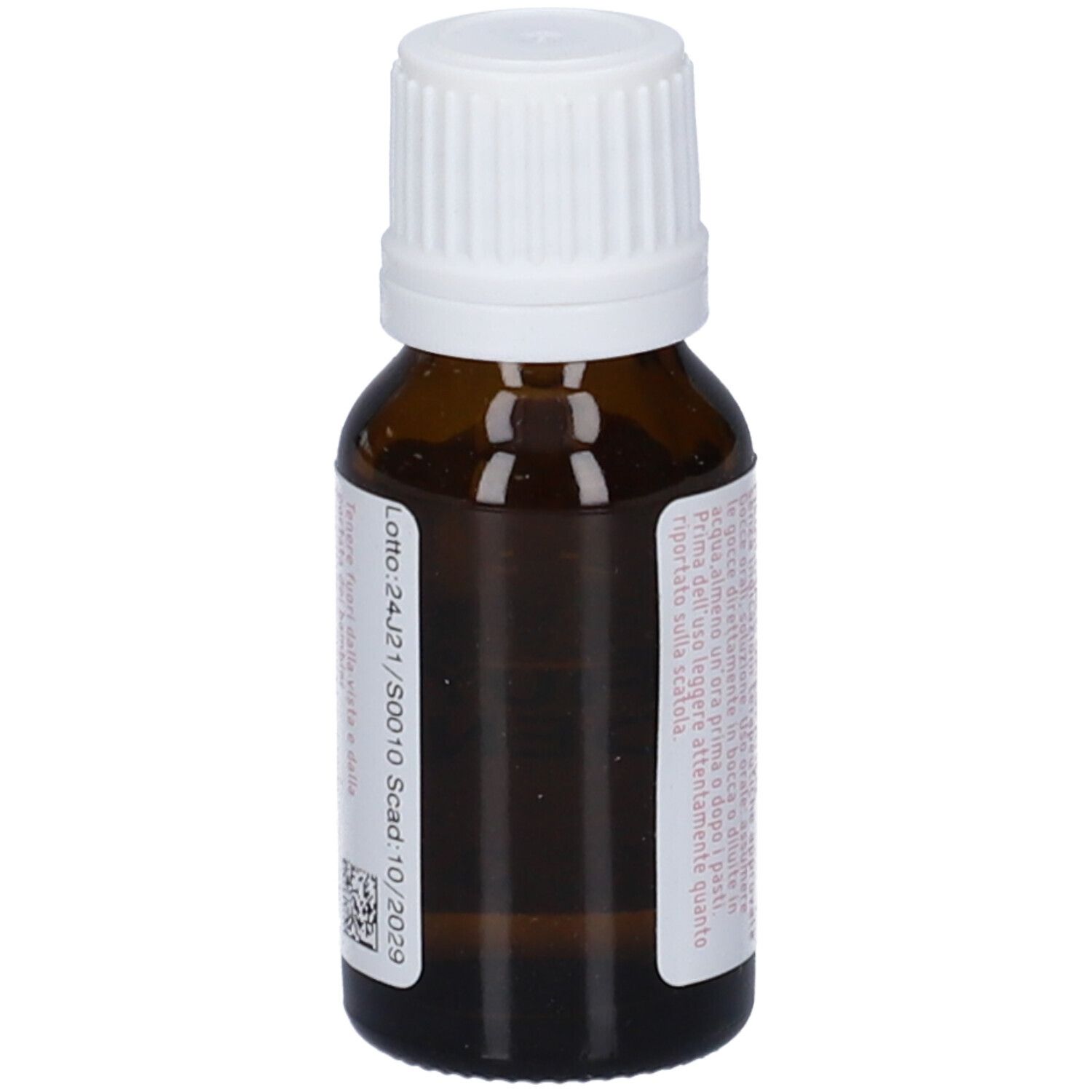 Flacone di vetro marrone con tappo a vite bianco. Retro con testo e numero di lotto. Scadenza 10/2029.