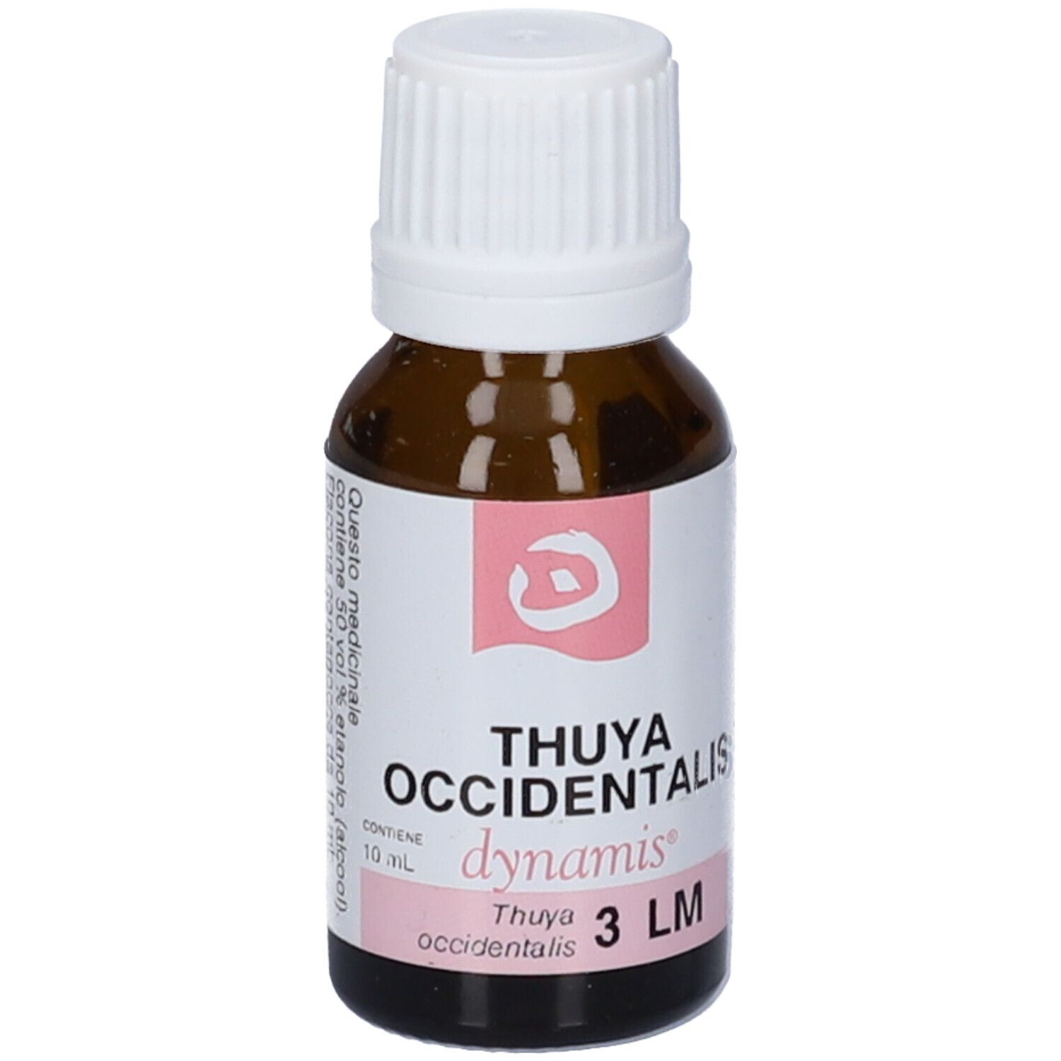 Flacone di vetro marrone con tappo a vite bianco. Etichetta con informazioni sul prodotto. Testo: Thuya occidentalis, 10 ml.