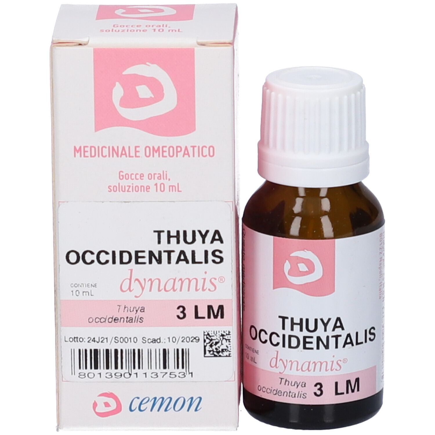Flacone e confezione del prodotto. Scatola bianca con nome e logo del prodotto. Testo: Thuya occidentalis 3 LM, 10 ml.