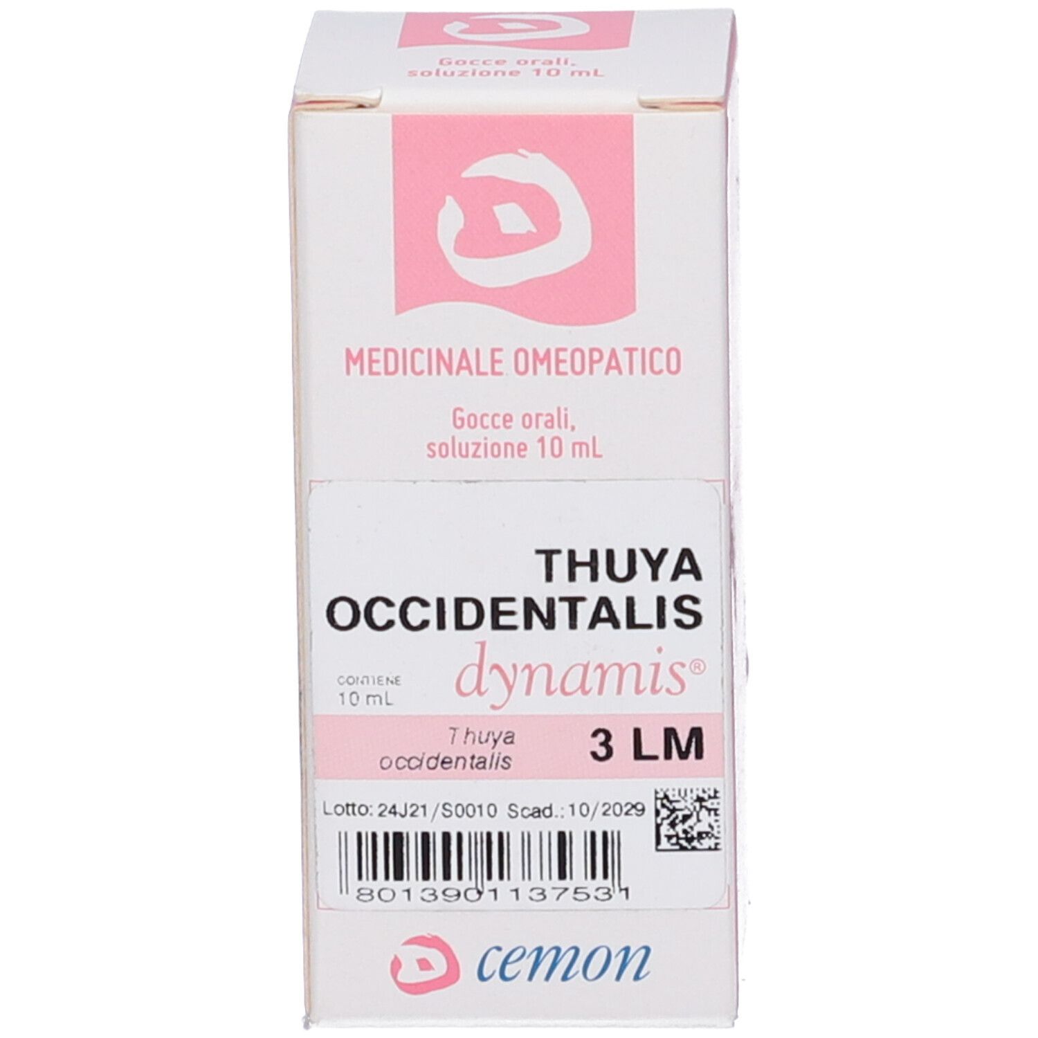 Confezione bianca del prodotto. Testo: Medicinale omeopatico, Thuya occidentalis 3 LM, 10 ml. Numero di lotto e scadenza.