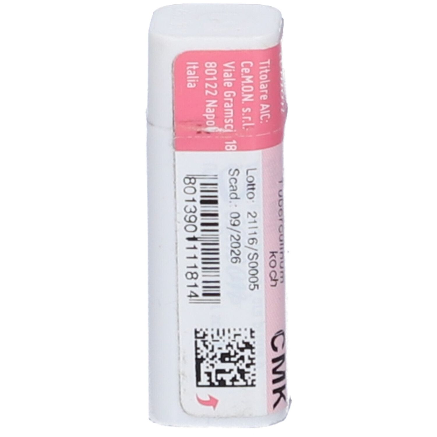 Confezione cilindrica con etichetta rosa. Scritta: Tuberculinum Koch, CMK, cemon, dynamis. Dettagli e codice a barre.