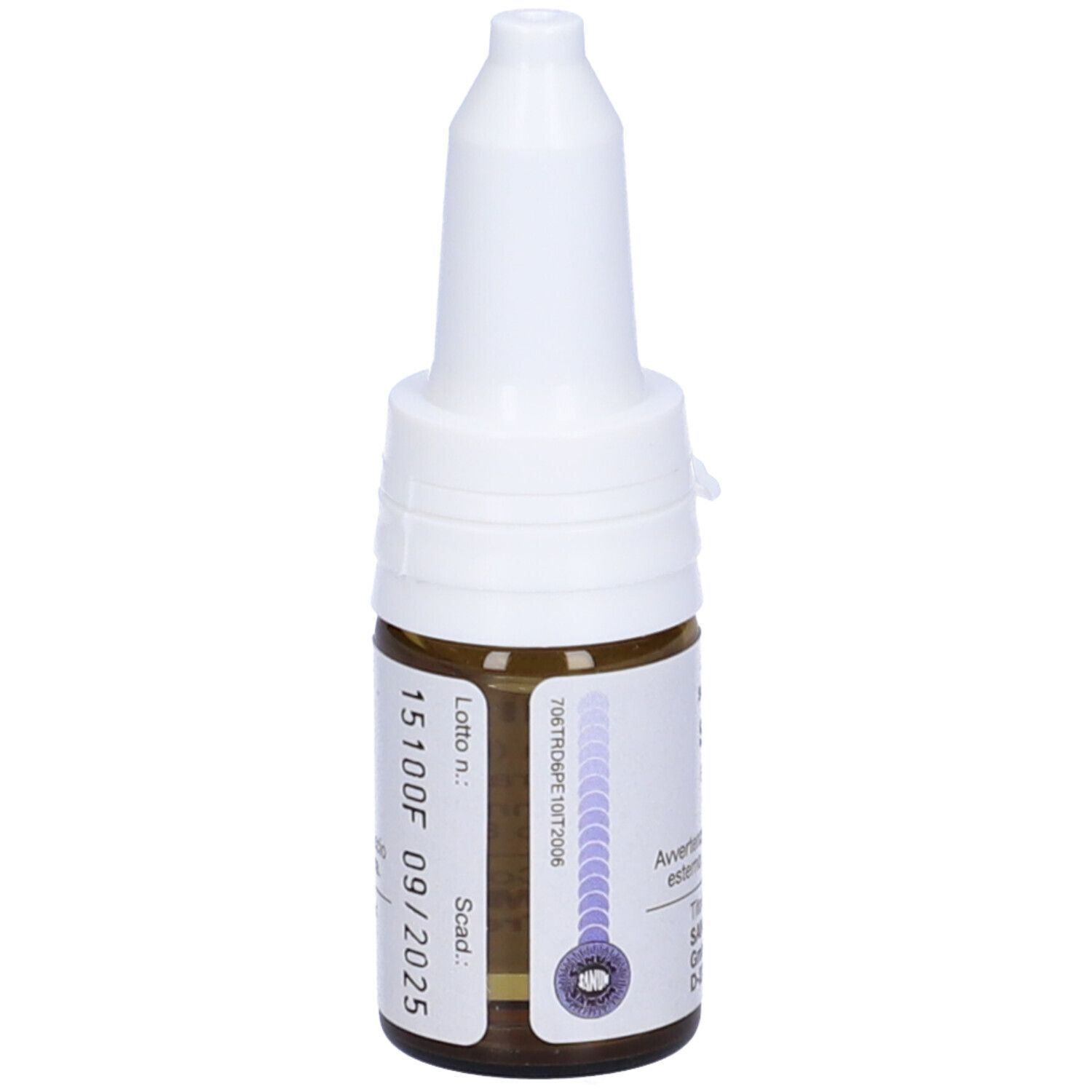 Flacone di vetro marrone con tappo bianco. Scritta: Numero di lotto e data di scadenza. Flacone contagocce.