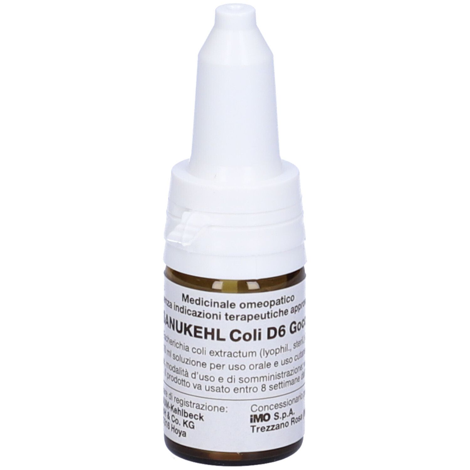 Flacone di vetro marrone con tappo bianco. Scritta: Sanukehl Coli D6 Gocce. Flacone contagocce.