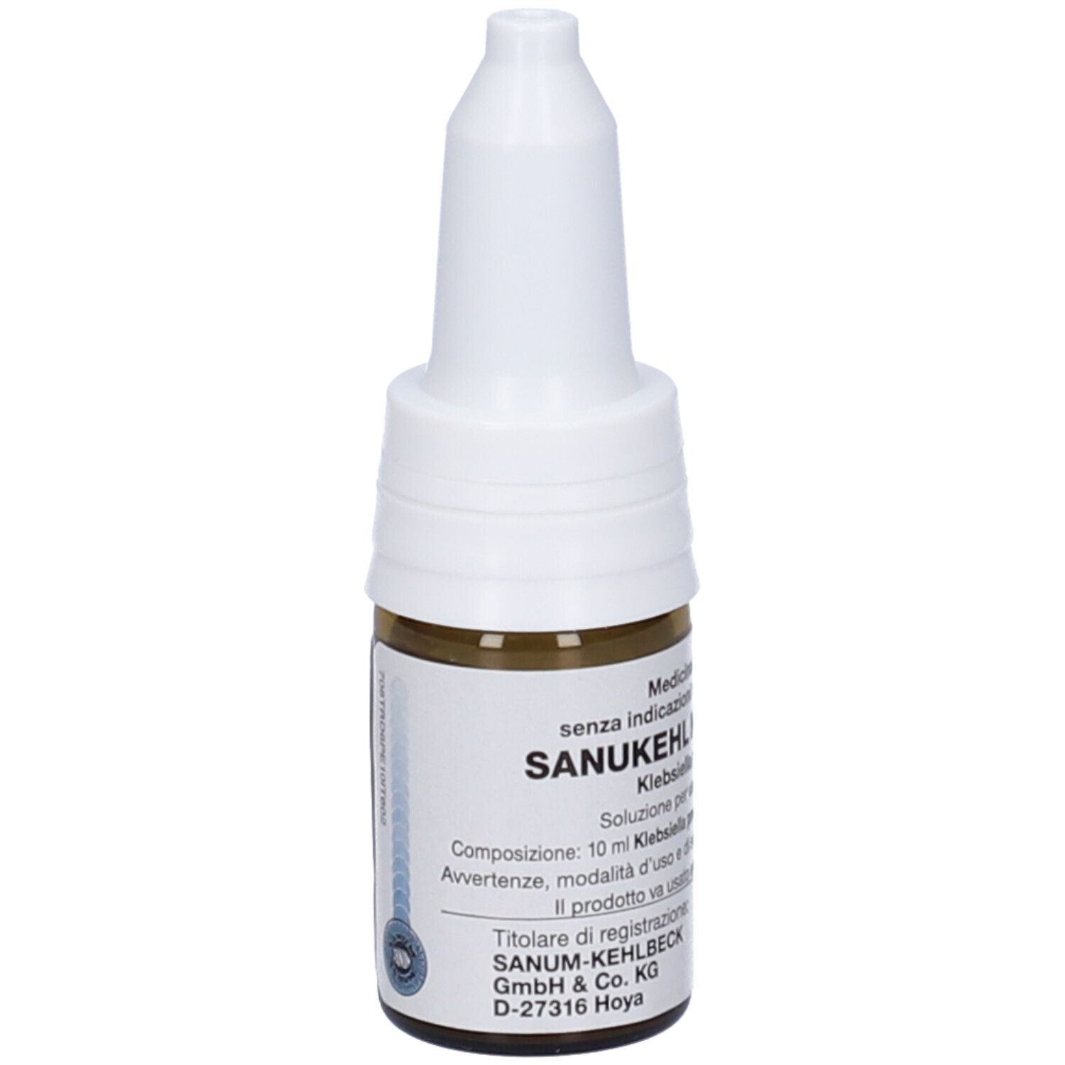 Flacone di vetro marrone con tappo bianco. Scritta: Sanukehl Klebs D6 Gocce. Indicazioni mediche.
