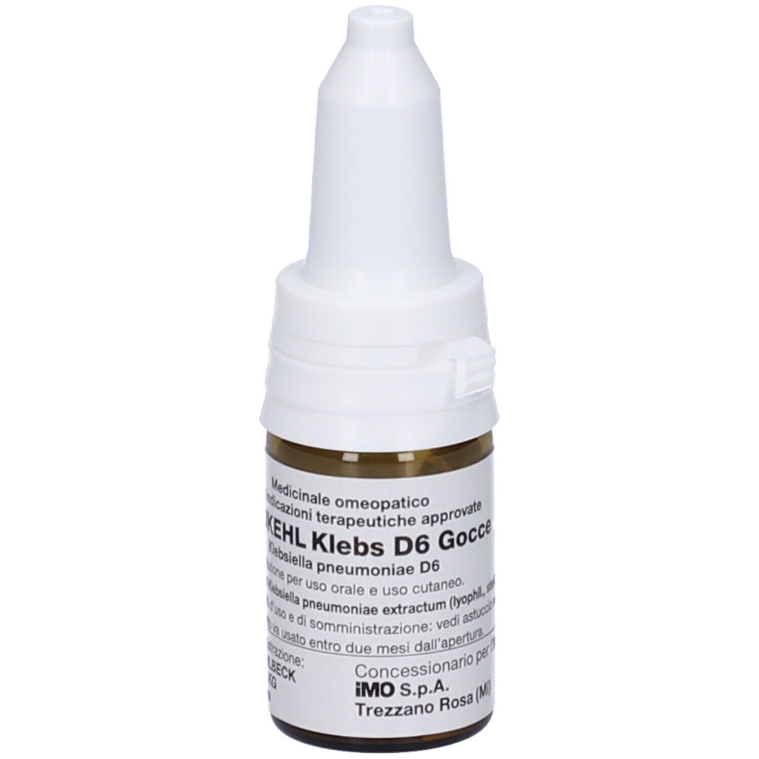 Flacone di vetro marrone con tappo bianco. Scritta: Sanukehl Klebs D6 Gocce. Indicazioni mediche.