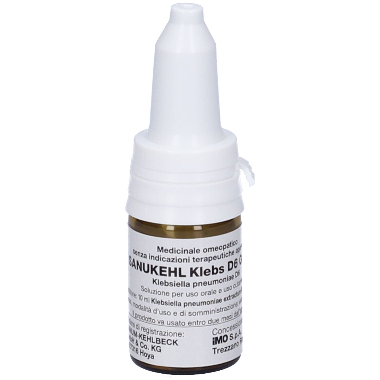 Flacone di vetro marrone con tappo bianco. Scritta: Sanukehl Klebs D6 Gocce. Indicazioni mediche.