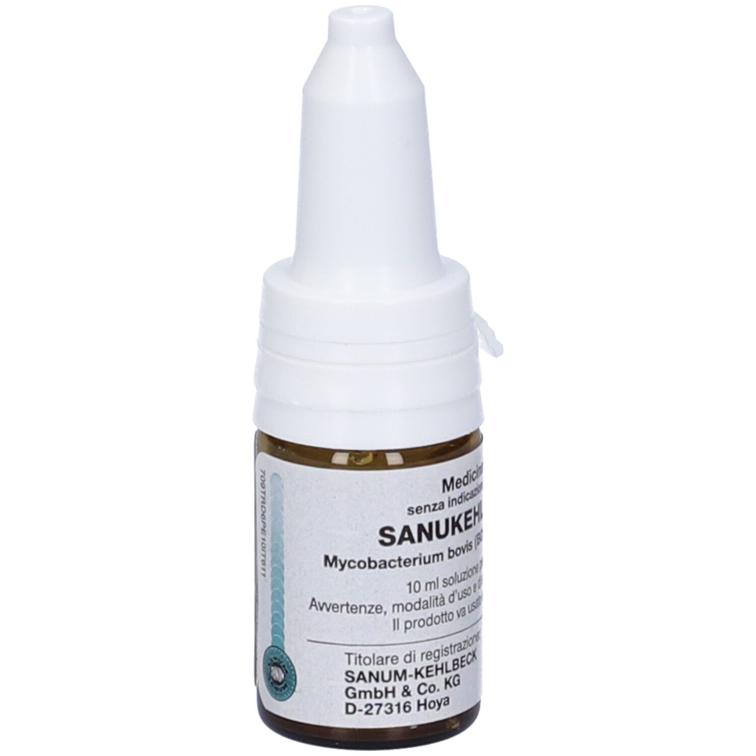 Flacone di vetro marrone con tappo bianco. Scritta: SANUKEHL, Myc D6. Gocce medicinali.