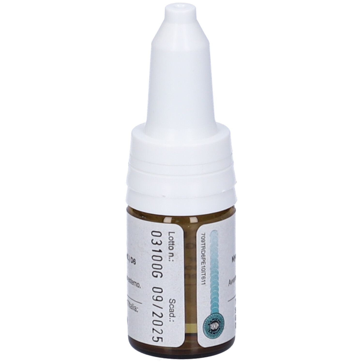 Flacone di vetro marrone con tappo bianco. Etichetta con numero di lotto e data di scadenza. Gocce medicinali.