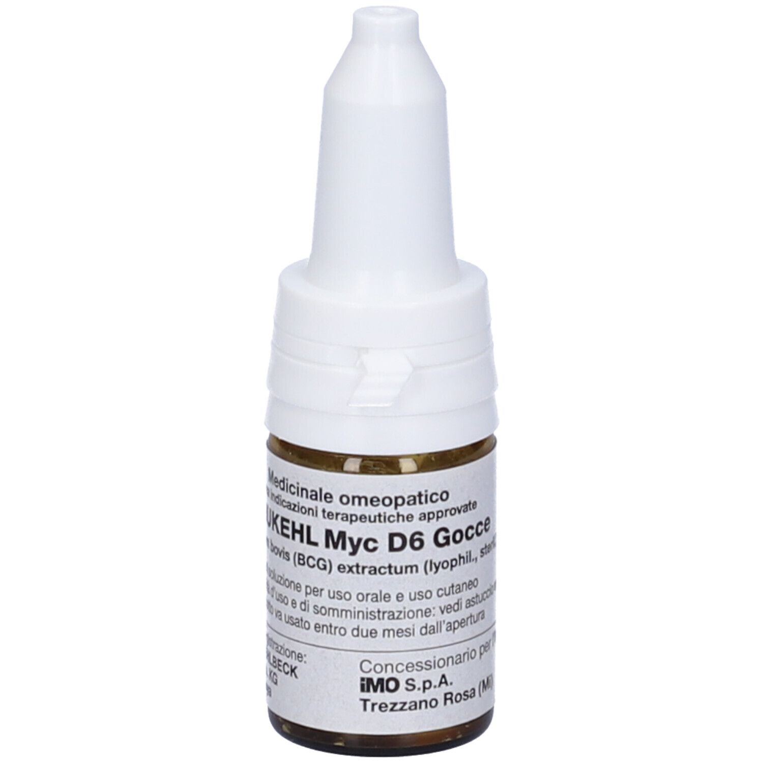 Flacone di vetro marrone con tappo bianco. Scritta: KEHL Myc D6 Gocce. Gocce medicinali.