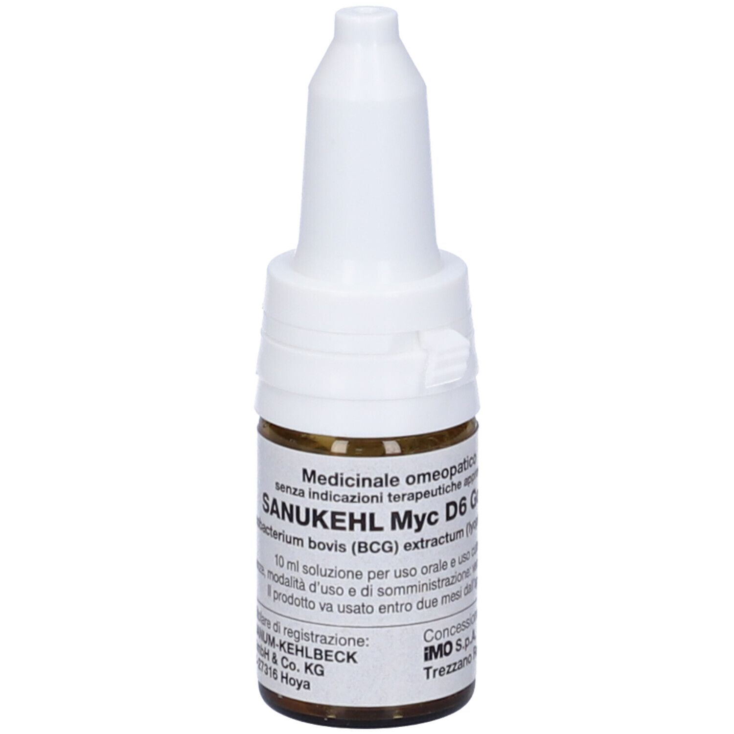 Flacone di vetro marrone con tappo bianco. Scritta: SANUKEHL Myc D6 G. Gocce medicinali.