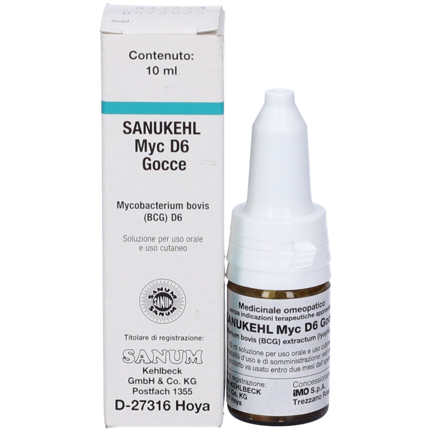 Confezione del prodotto con flacone. Scatola con scritta: SANUKEHL Myc D6 Gocce. 10 ml.