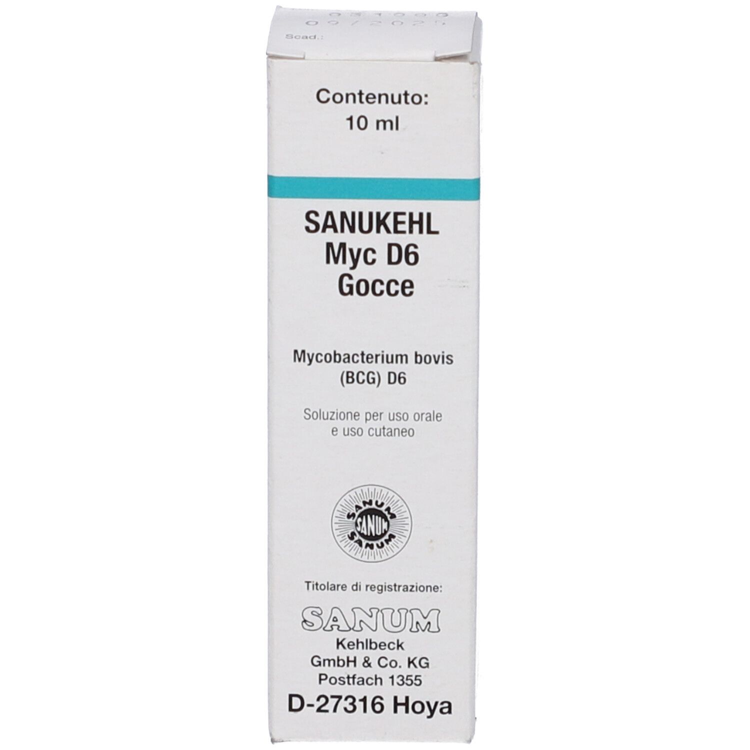 Confezione del prodotto. Scatola con scritta: SANUKEHL Myc D6 Gocce. 10 ml.