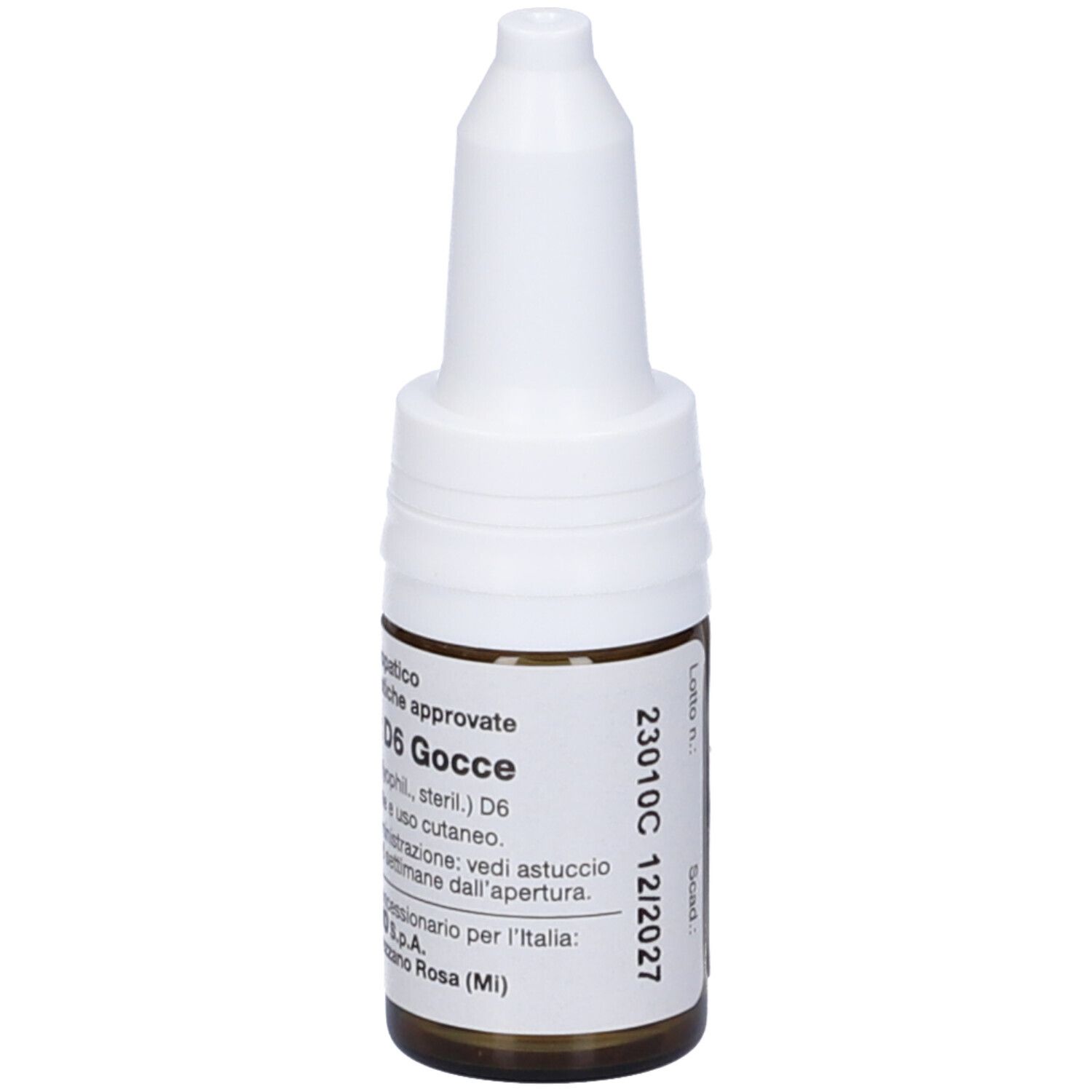 Flacone di vetro marrone con tappo bianco. Scritta: Sanukehl Prot D6 Gocce. Flacone contagocce.