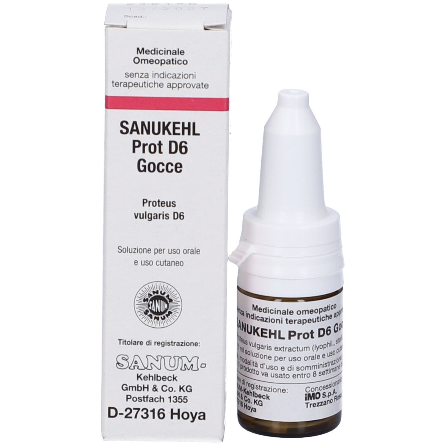 Confezione del prodotto. Sanukehl Prot D6 Gocce, flacone e scatola. Scritta: Sanum.