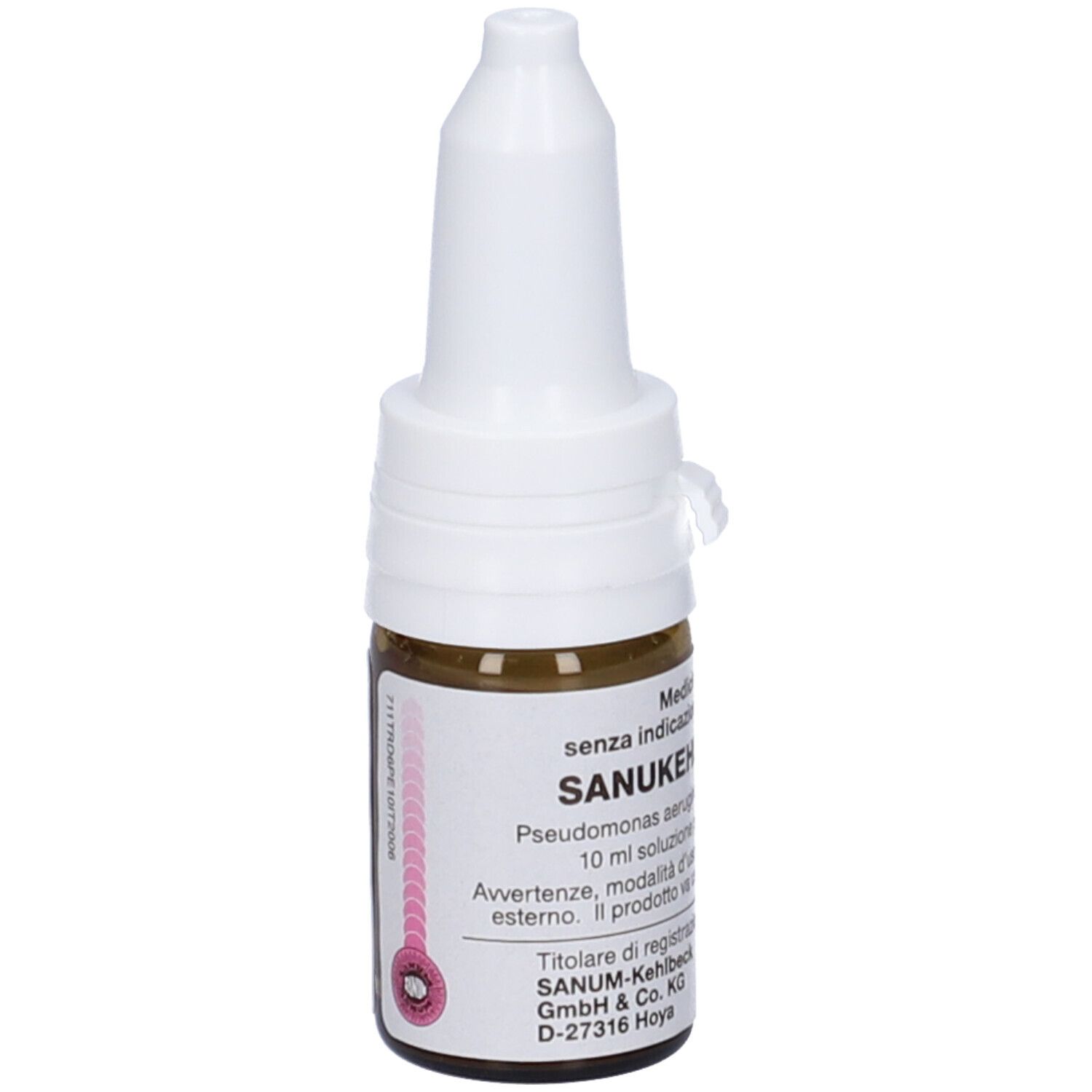 Flacone di vetro marrone con tappo bianco. Scritta: SANUKEHL. Soluzione da 10 ml. Gocce medicinali.