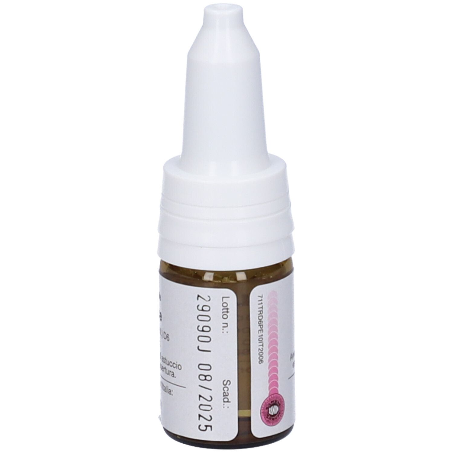 Flacone di vetro marrone con tappo bianco. Scritta: SANUKEHL. Numero di lotto e scadenza. Gocce medicinali.