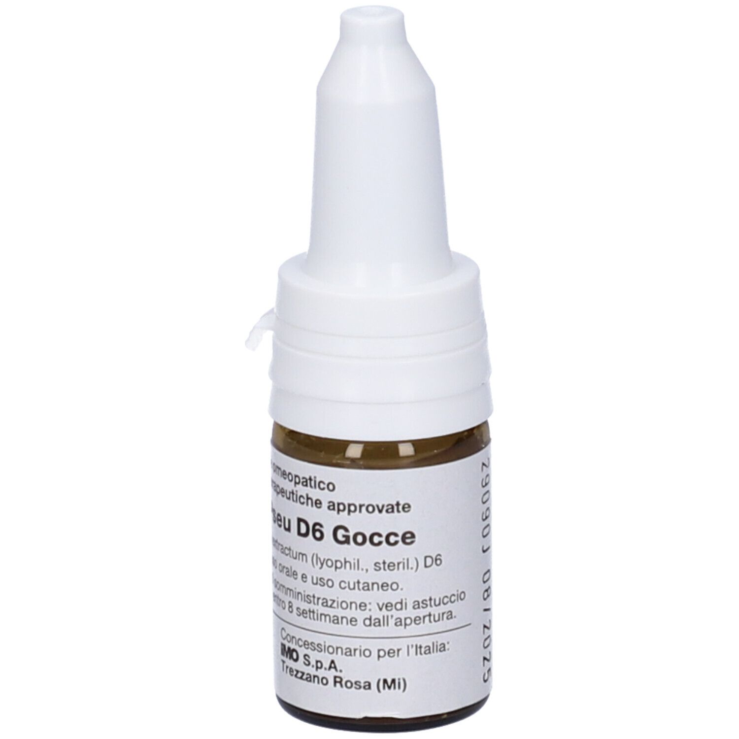 Flacone di vetro marrone con tappo bianco. Scritta: Pseu D6 Gocce. Gocce medicinali.