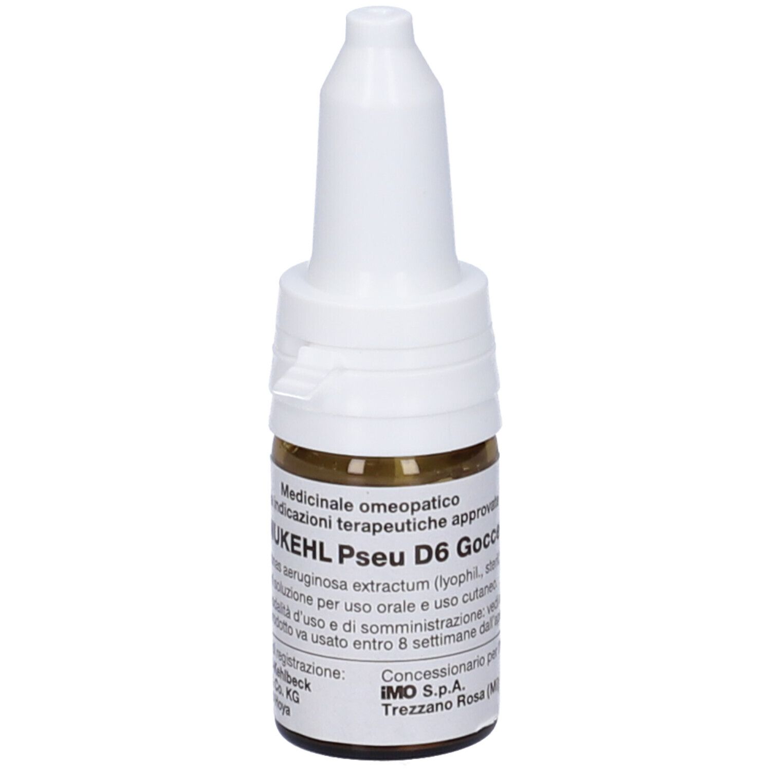 Flacone di vetro marrone con tappo bianco. Scritta: SANUKEHL Pseu D6 Gocce. Gocce medicinali.