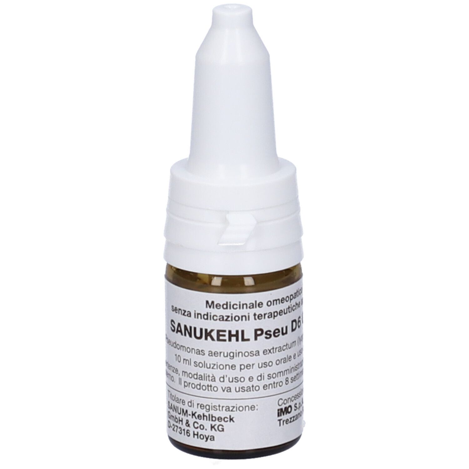 Flacone di vetro marrone con tappo bianco. Scritta: SANUKEHL Pseu D6. Gocce medicinali.