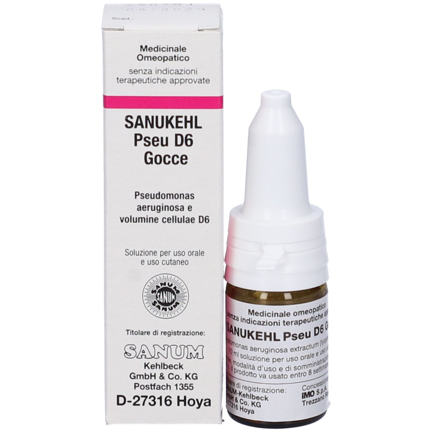Confezione del prodotto e flacone. Scritta: SANUKEHL Pseu D6 Gocce. Gocce medicinali.