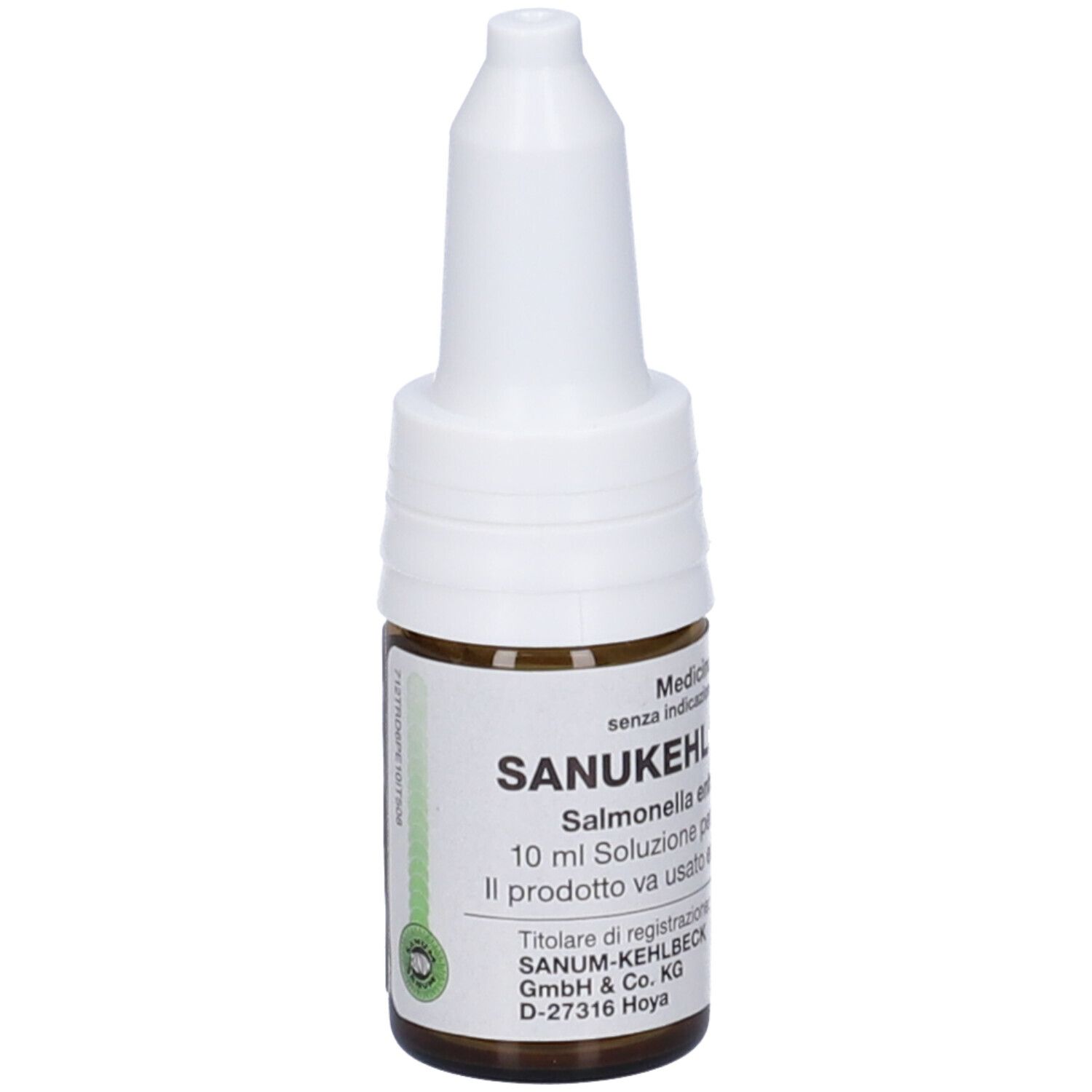 Flacone di vetro marrone con tappo bianco. Scritta: Sanukehl. Soluzione 10 ml. Gocce medicinali.