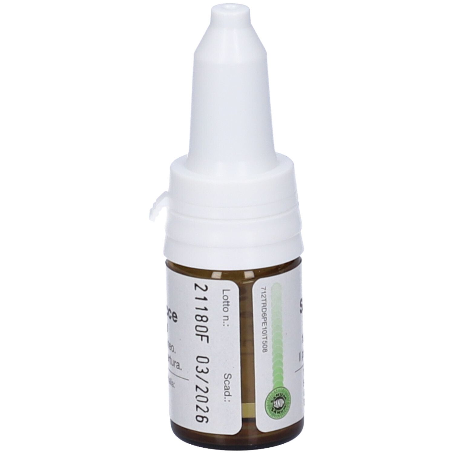 Flacone di vetro marrone con tappo bianco. Scritta: Sanukehl Salm D6 Gocce. Scadenza 03/2026.