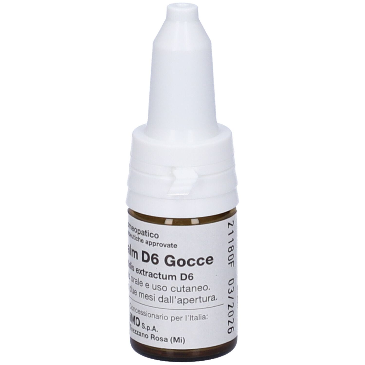 Flacone di vetro marrone con tappo bianco. Scritta: Salm D6 Gocce. Gocce medicinali.